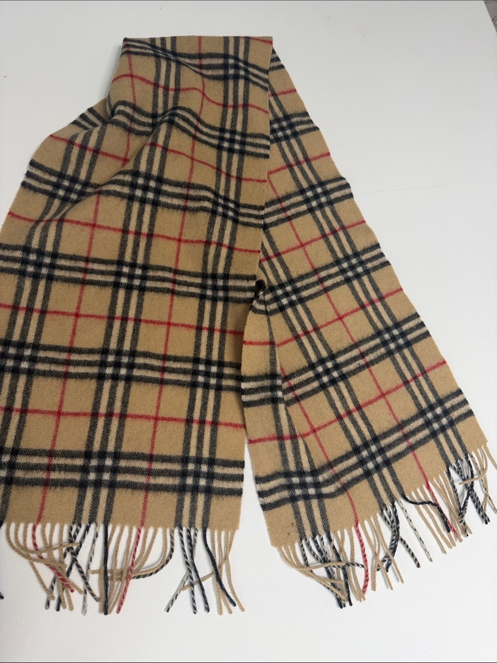 Burberry Beige Plaid Wool Scarf with Black and Red Check